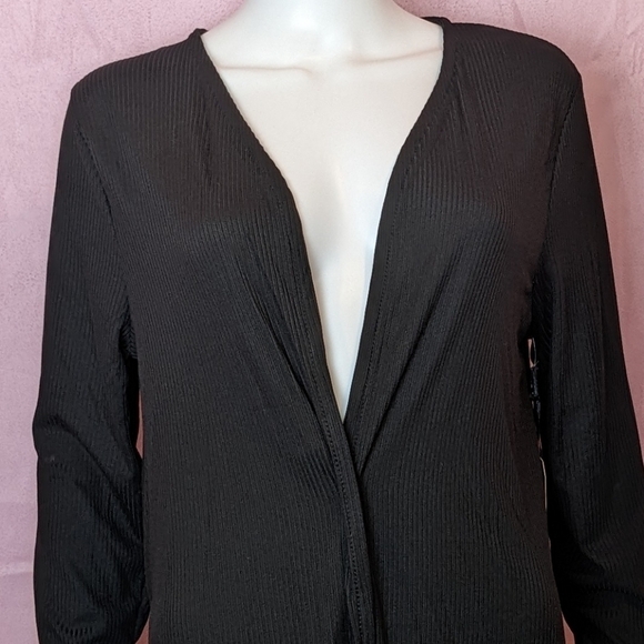 Splash Black Ribbed Longline Open Front Cardigan Sweater Slit Sides Plus Size - Picture 2 of 9